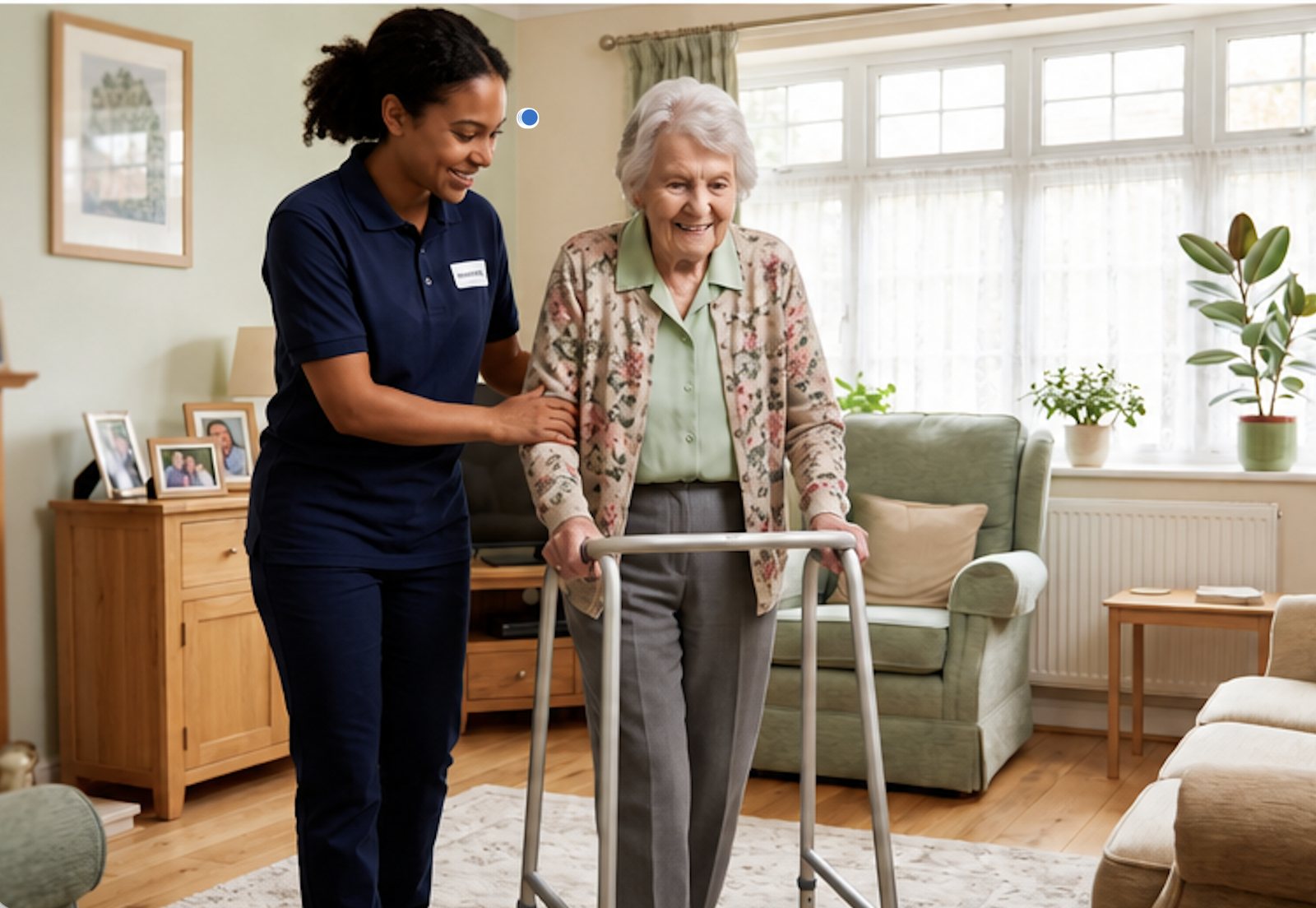 A support worker walking beside an older woman who is using a walking frame at home
